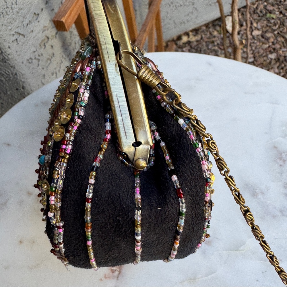 Vintage Handmade 1920s Style Beaded Stone Brass Kisslock Chain Shoulder Bag - Picture 7 of 12